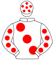 WHITE, large red spots, red spots on sleeves, white cap, red spots                                                                                    