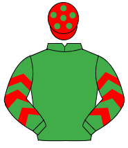 EMERALD GREEN, red chevrons on sleeves, red cap, emerald green spots                                                                                  
