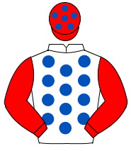 WHITE, royal blue spots, red sleeves, red cap, royal blue spots                                                                                       