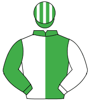 EMERALD GREEN & WHITE HALVED, sleeves reversed, striped cap                                                                                           