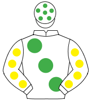 WHITE, large emerald green spots, white sleeves, yellow spots, white cap, emerald green spots                                                         