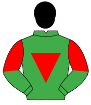 EMERALD GREEN, red inverted triangle, halved sleeves, black cap                                                                                       