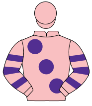 PINK, large purple spots, hooped sleeves, pink cap                                                                                                    