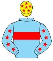 LIGHT BLUE, red hoop, red stars on sleeves, yellow cap, red stars