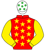 RED, yellow stars, yellow sleeves, white cap, emerald green spots                                                                                     