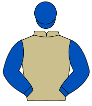 BEIGE, royal blue sleeves & cap