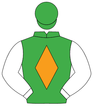 EMERALD GREEN, orange diamond, white sleeves, green cap