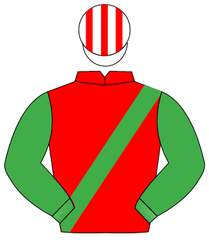 RED, emerald green sash & sleeves, white & red striped cap                                                                                            