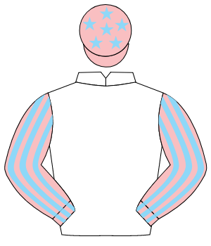 WHITE, pink & light blue striped sleeves, pink cap, light blue stars
