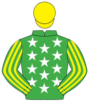 EMERALD GREEN, white stars, emerald green & yellow striped sleeves, yellow cap                                                                        