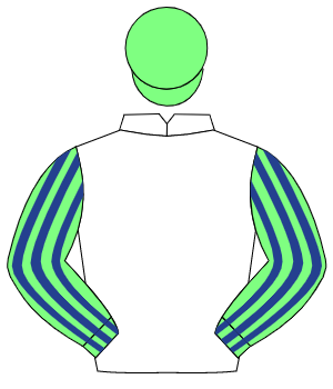 WHITE, light green & dark blue striped sleeves, light green cap                                                                                       