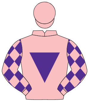PINK, purple inverted triangle, purple diamonds on sleeves, pink cap