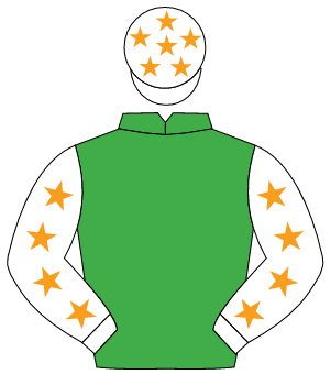 EMERALD GREEN, white sleeves, orange stars, white cap, orange stars