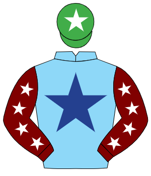 LIGHT BLUE, dark blue star, maroon sleeves, white stars, emerald green cap, white star