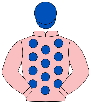 PINK, royal blue spots, pink sleeves, royal blue cap