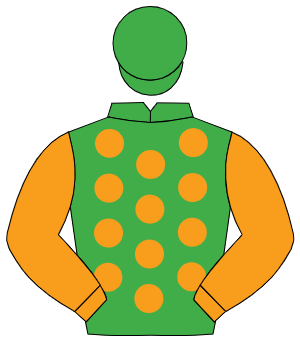 EMERALD GREEN, orange spots, orange sleeves, emerald green cap