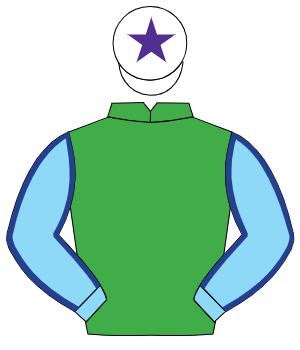 EMERALD GREEN, light blue sleeves, dark blue seams, white cap, purple star