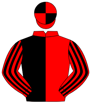 RED & BLACK HALVED, striped sleeves, quartered cap