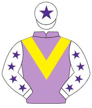 MAUVE, yellow chevron, white sleeves, purple stars, white cap, purple star