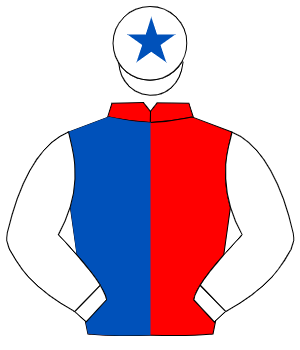 RED & ROYAL BLUE HALVED, white sleeves, white cap, royal blue star