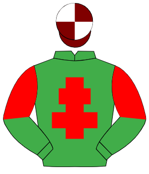 EMERALD GREEN, red cross of lorraine, halved sleeves, maroon & white quartered cap