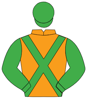 ORANGE, emerald green cross sashes & sleeves, emerald green cap